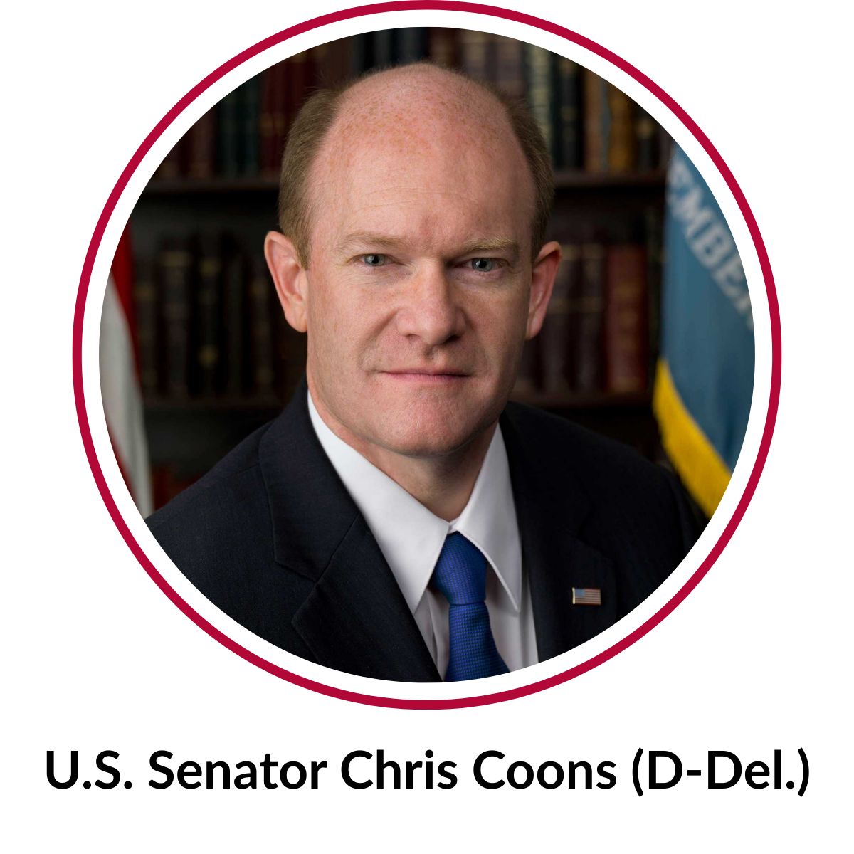 Professional headshot of a man wearing a dark suit, white shirt, and blue tie with a U.S. flag pin on the lapel. Bookshelves and partially visible flags appear in the background. The portrait is framed within a circular border.