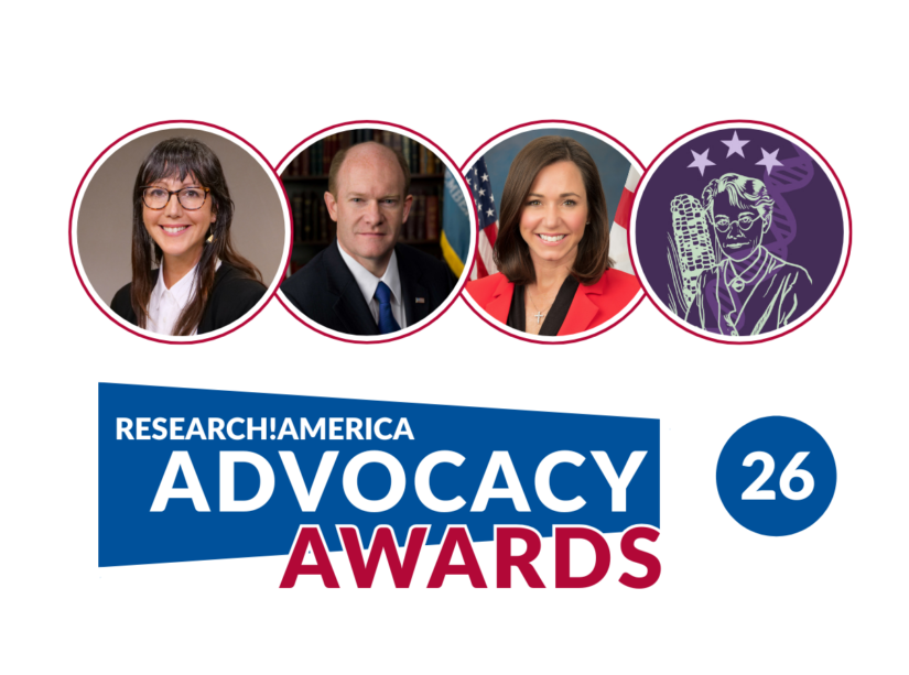 Image of Amy Maxmen, Sen. Chris Coons, Sen. Katie Britt, and the logo for The McClintock Letters in circles with Advocacy Awards logo underneath.