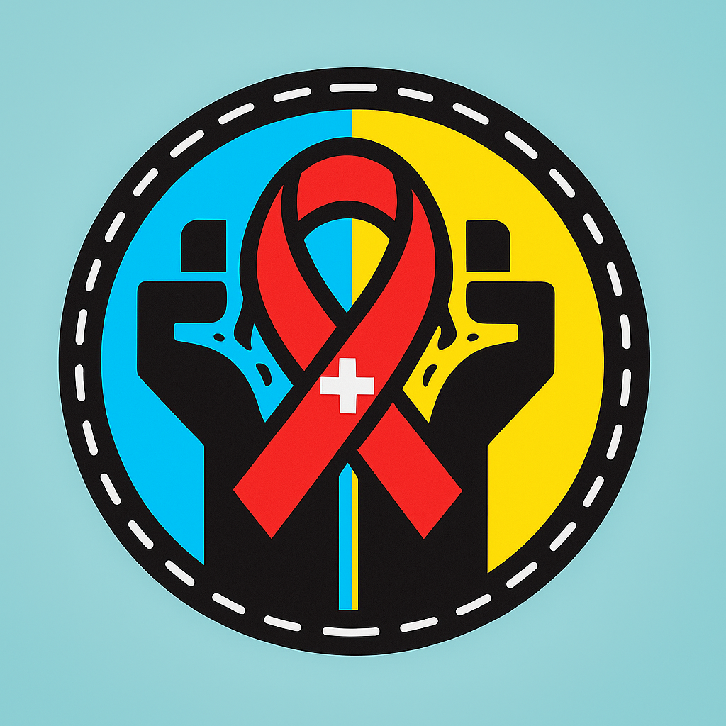 Two black silhouettes of fists raise a red ribbon with a white cross, set against a split blue and yellow background within a circular border.