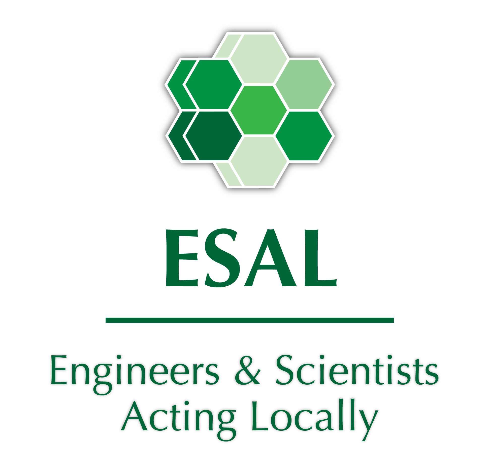 A logo in a honeycomb shape in varying shades of green, invoking organic chemistry. Below is "ESAL" in dark green, a line in the same color, and then "Engineers & Scientists Acting Locally"