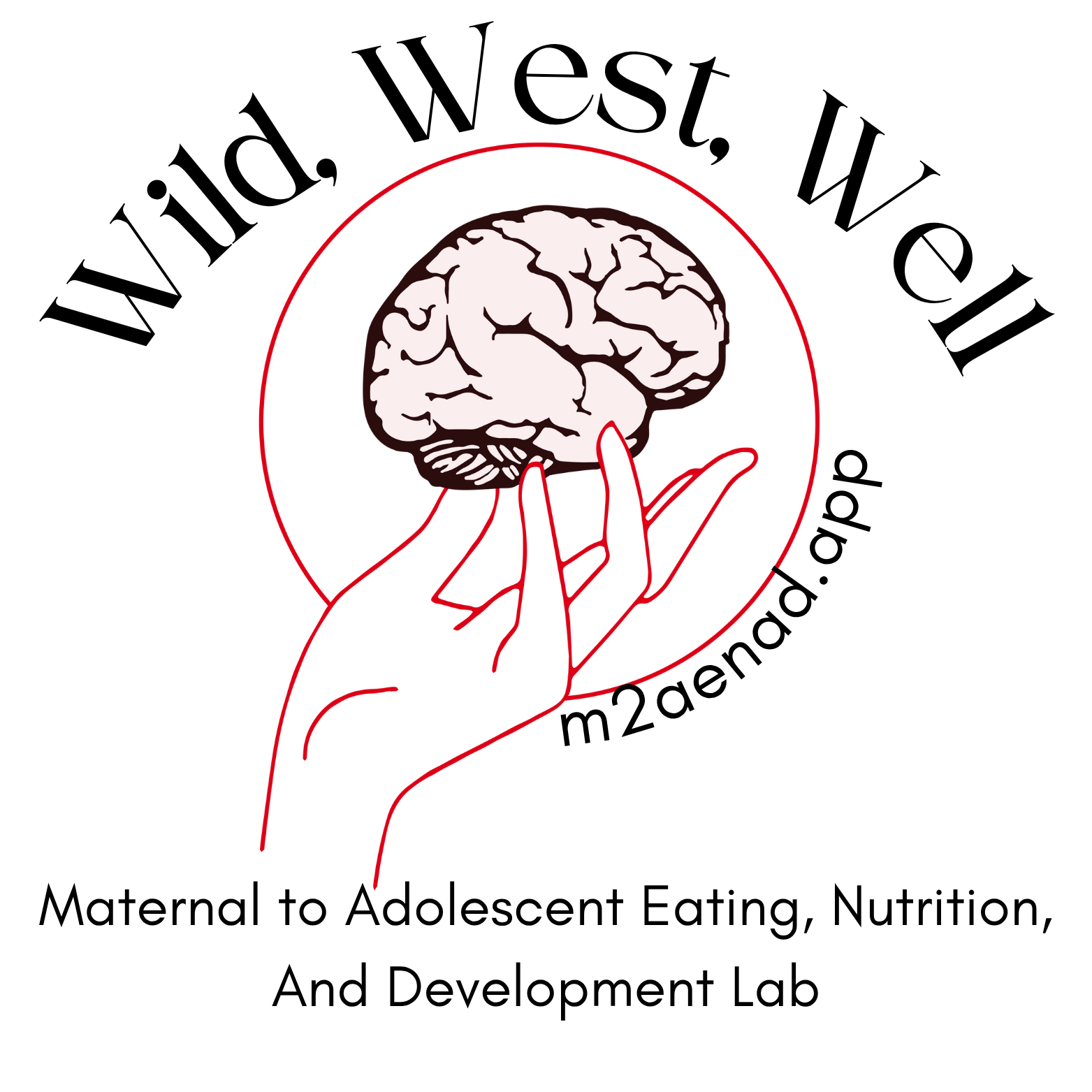 Minimalist illustration of a hand outlined in red holding a detailed, light-colored brain in its palm. A thin red circle surrounds the brain and hand, all set against a black background. Text on top says "Wild, West, Well" with "m2aenad.app" around the circle. The bottom reads "Maternal to Adolescent Eating, Nutrition, And Development Lab."