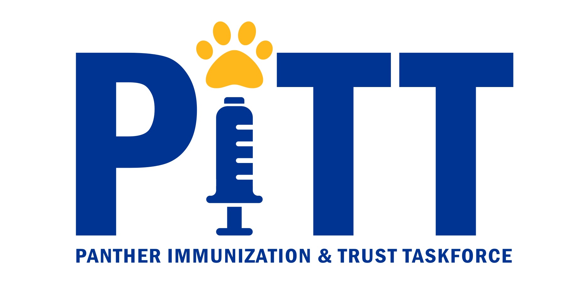 Logo for Panther Immunization & Trust Taskforce features "PITT" in blue, with a yellow paw as the "I" dot and a syringe forming the "I." Text below is in blue.