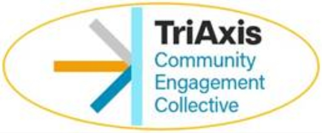 Logo for TriAxis Community Engagement Collective. The design features the word “TriAxis” in bold black text above “Community Engagement Collective” in teal. To the left is a stylized three-pronged graphic with orange, gray, and teal lines radiating from a vertical teal bar, all enclosed within a thin yellow oval border on a light background.