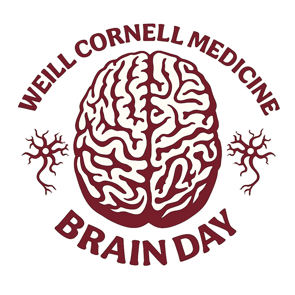 Graphic for Weill Cornell Medicine Brain Day featuring a stylized red-and-white brain illustration at the center. The words “Weill Cornell Medicine” curve above the brain and “Brain Day” appears below. Two small neuron illustrations flank the brain on the left and right.