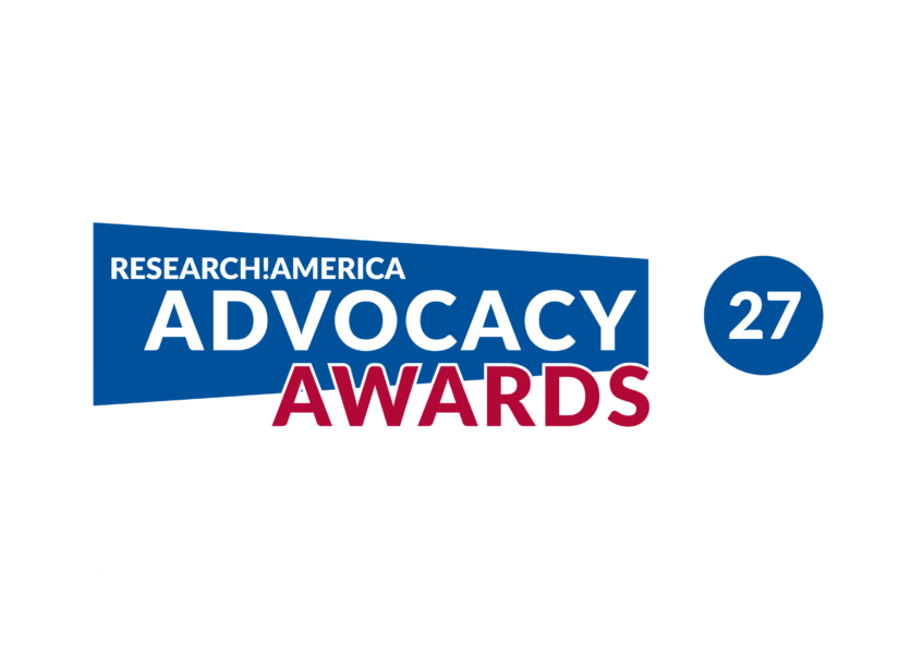 Research!America Advocacy Awards logo on a white background. The logo features the words “RESEARCH!AMERICA” and “ADVOCACY” in white on a blue geometric banner, with “AWARDS” in red below. To the right is a blue circle containing the number “27” in white, indicating the 27th Advocacy Awards.