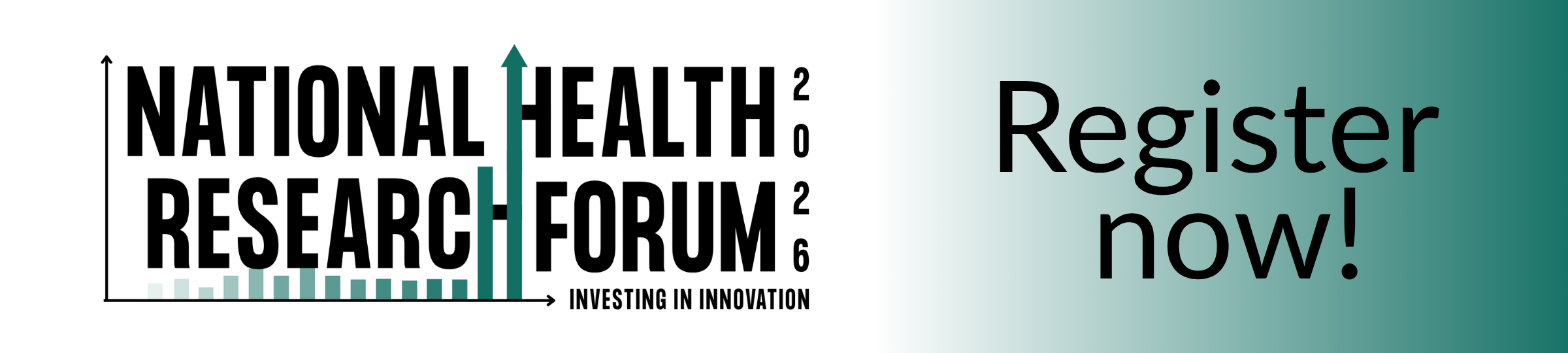 Banner promoting the 2026 National Health Research Forum: “Investing in Innovation,” with the Research!America logo on the left and “Register now!” on the right.