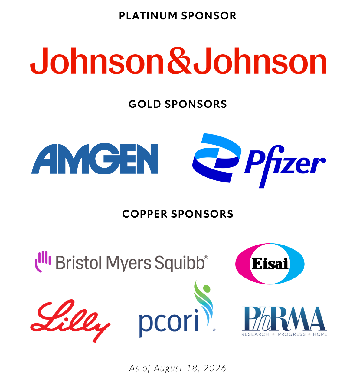 Sponsor listing for the National Health Research Forum 2026, featuring Johnson & Johnson as the Platinum Sponsor; Amgen and Pfizer as Gold Sponsors; and Bristol Myers Squibb, Eisai, Lilly, PCORI, and PhRMA as Copper Sponsors. Sponsorships shown as of August 18, 2026.