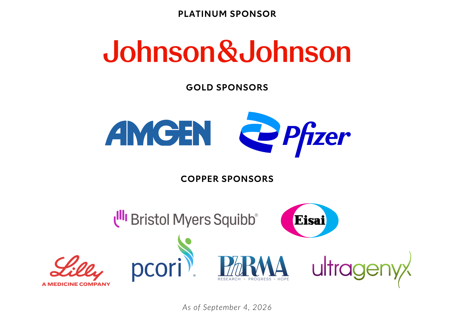 Sponsor listing for the National Health Research Forum 2026, featuring Johnson & Johnson as the Platinum Sponsor; Amgen and Pfizer as Gold Sponsors; and Bristol Myers Squibb, Eisai, Lilly, PCORI, PhRMA, and Ultragen
yx as Copper Sponsors. Sponsorships shown as of August 25, 2026.