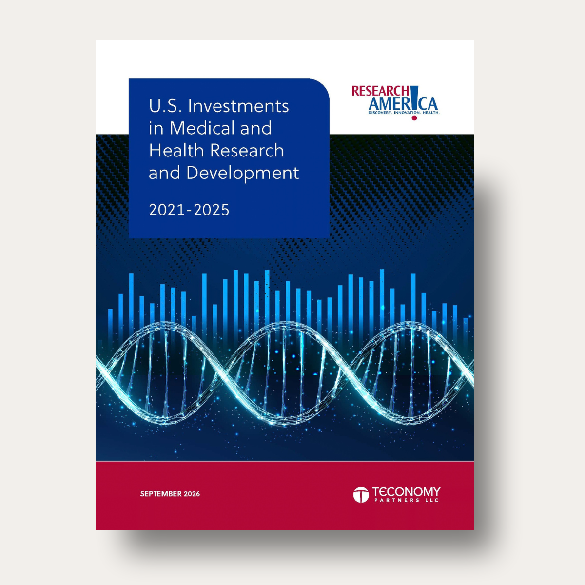 Cover of Research!America’s “U.S. Investments in Medical and Health Research and Development, 2021–2025” report, featuring a blue scientific graphic with DNA strands, data bars and glowing particles. Dated September 2026, with Research!America and Teconomy Partners LLC logos.