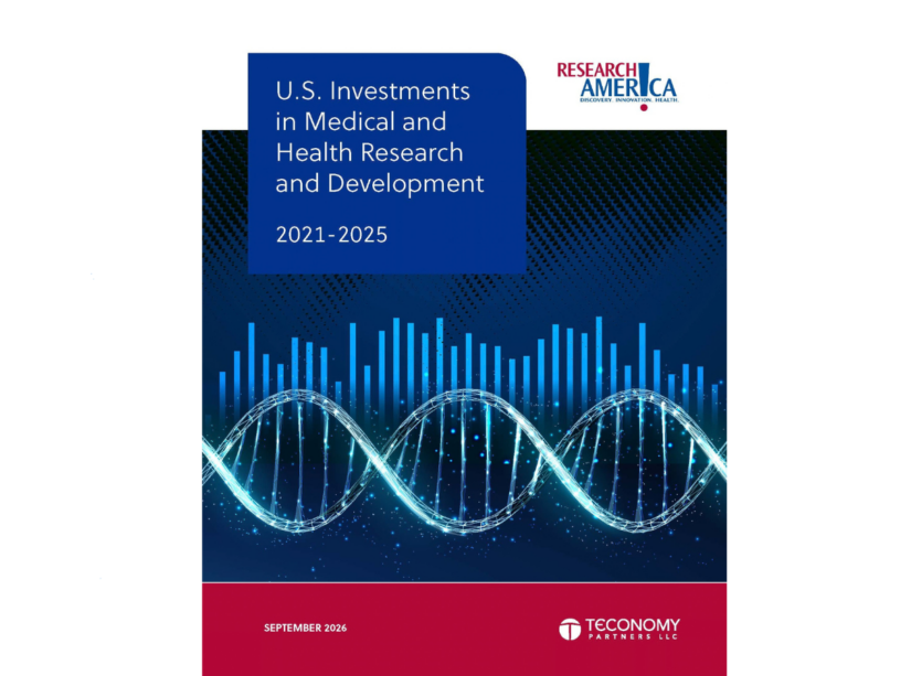 Cover of Research!America’s “U.S. Investments in Medical and Health Research and Development, 2021–2025” report, featuring a blue scientific graphic with DNA strands, data bars and glowing particles. Dated September 2026, with Research!America and Teconomy Partners LLC logos.