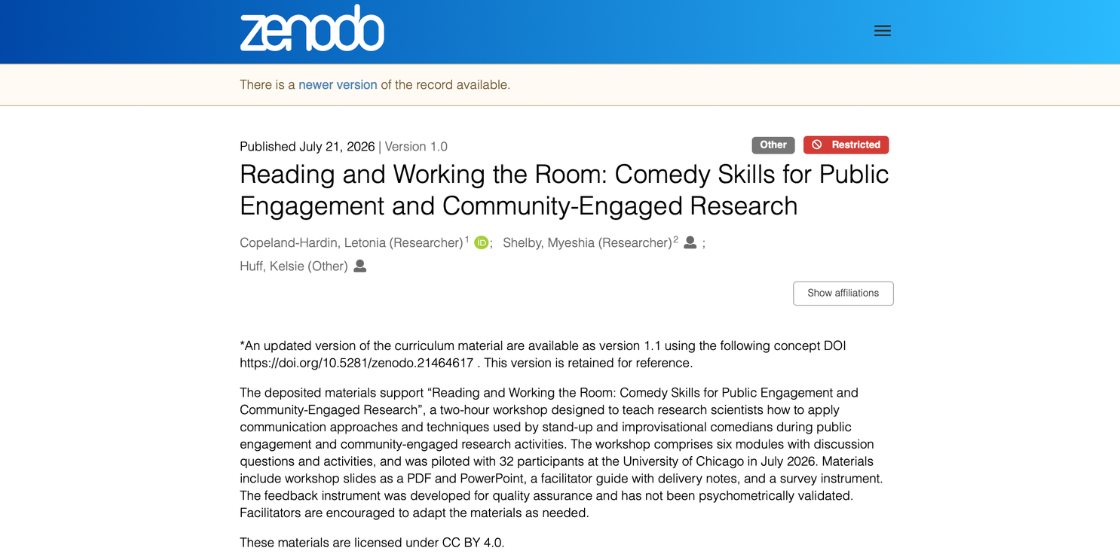 Zenodo record page for a course on comedy skills in public engagement and community-engaged research, with its abstract visible.