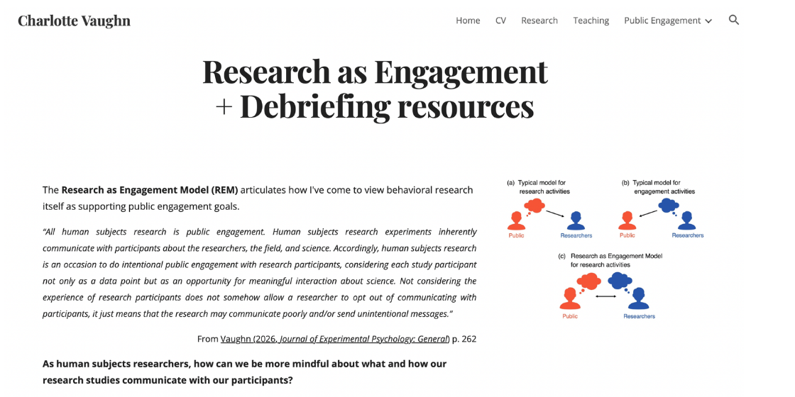 Screenshot of Charlotte Vaughn’s academic webpage, “Research as Engagement + Debriefing resources,” with text on research ethics and participant communication, a study-process diagram, and a clean, scholarly tone.