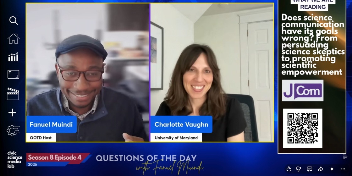 Split-screen webinar with smiling host Fanuel Muindi and University of Maryland’s Charlotte Vaughn, beside a science communication promo and QR code.