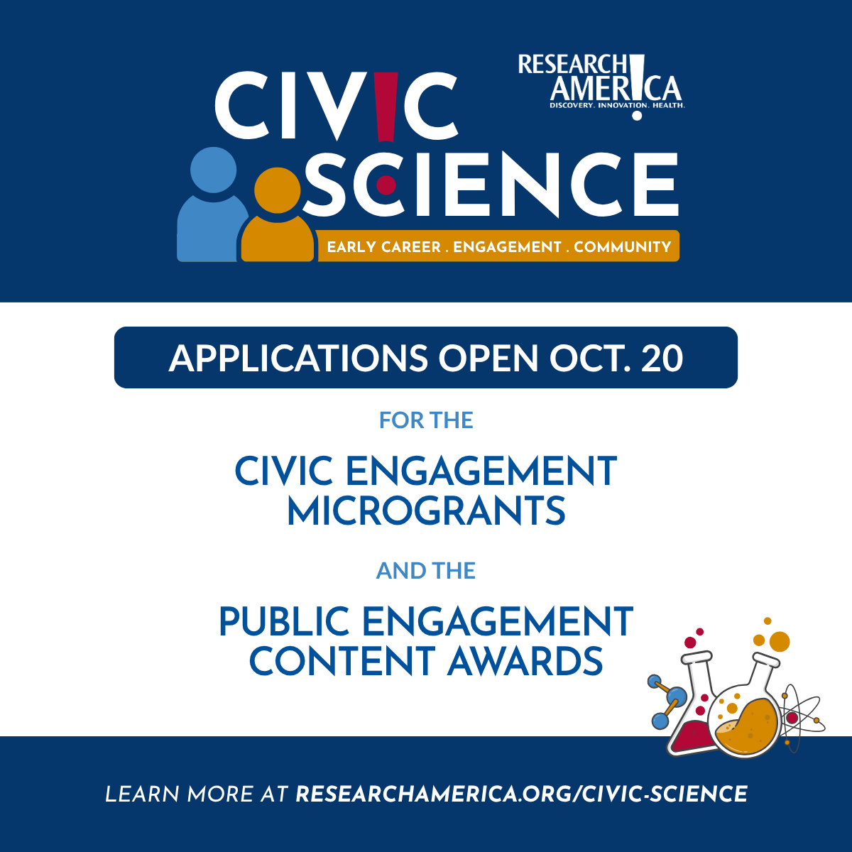 Square promotional graphic for Research!America’s Civic Science initiative announcing that applications open October 20 for Civic Engagement Microgrants and the Public Engagement Content Awards. The top features the Civic Science logo with blue and gold human figures and the Research!America logo on a navy background. Centered blue text on a white background highlights the two opportunities. An illustration of colorful laboratory glassware appears in the lower right. A navy footer reads, “Learn more at researchamerica.org/civic-science.”