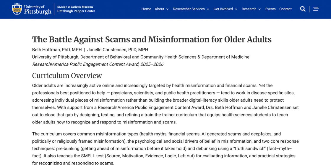 University of Pittsburgh webpage titled “The Battle Against Scams and Misinformation for Older Adults,” with an informative curriculum overview on prevention.