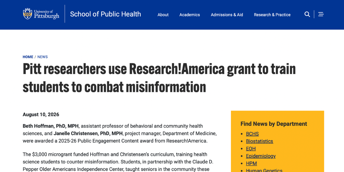 University of Pittsburgh School of Public Health news page, with a bold headline announcing a grant to train students to combat misinformation.