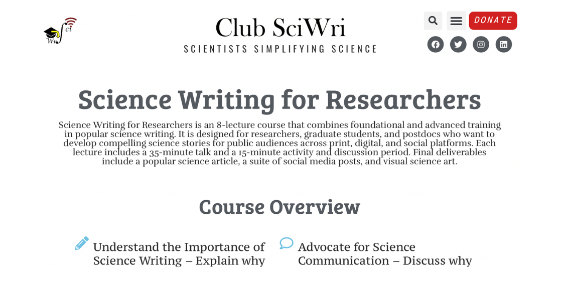 Club SciWri course webpage titled “Science Writing for Researchers,” with an overview listing lessons on science storytelling and advocacy; formal, educational tone.