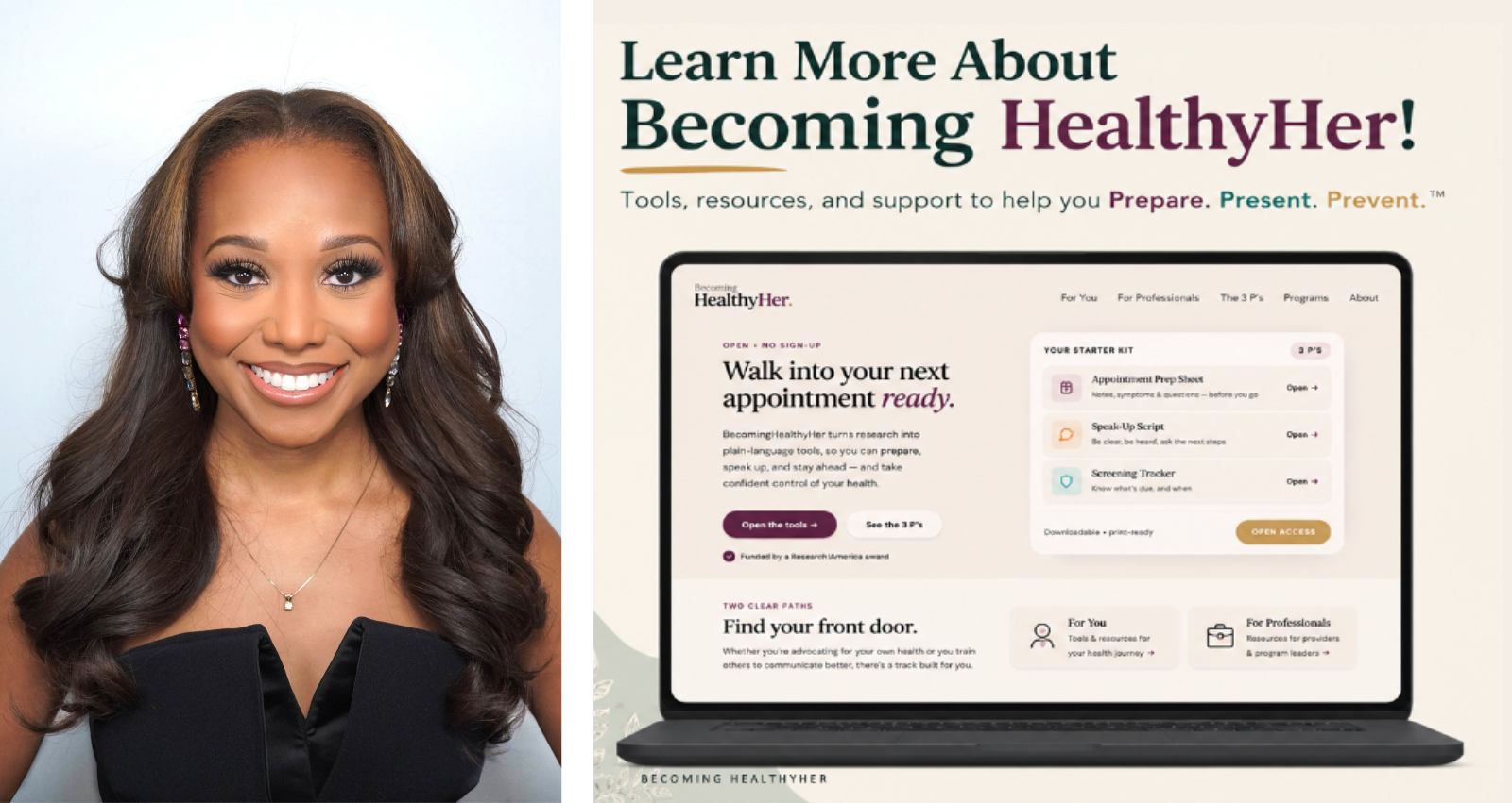 A headshot image of Breana Taylor next to a screenshot of her website.