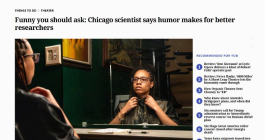 Screenshot of an article titled “Funny you should ask: Chicago scientist says humor makes for better researchers.” The main image shows a person with glasses looking at their reflection in a mirror while adjusting their collar. A “Recommended for You” list of other articles appears in the right sidebar.
